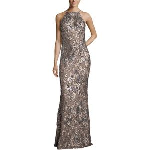 Betsy & Adam Sequined-Flower Halter Gown 2, Taupe